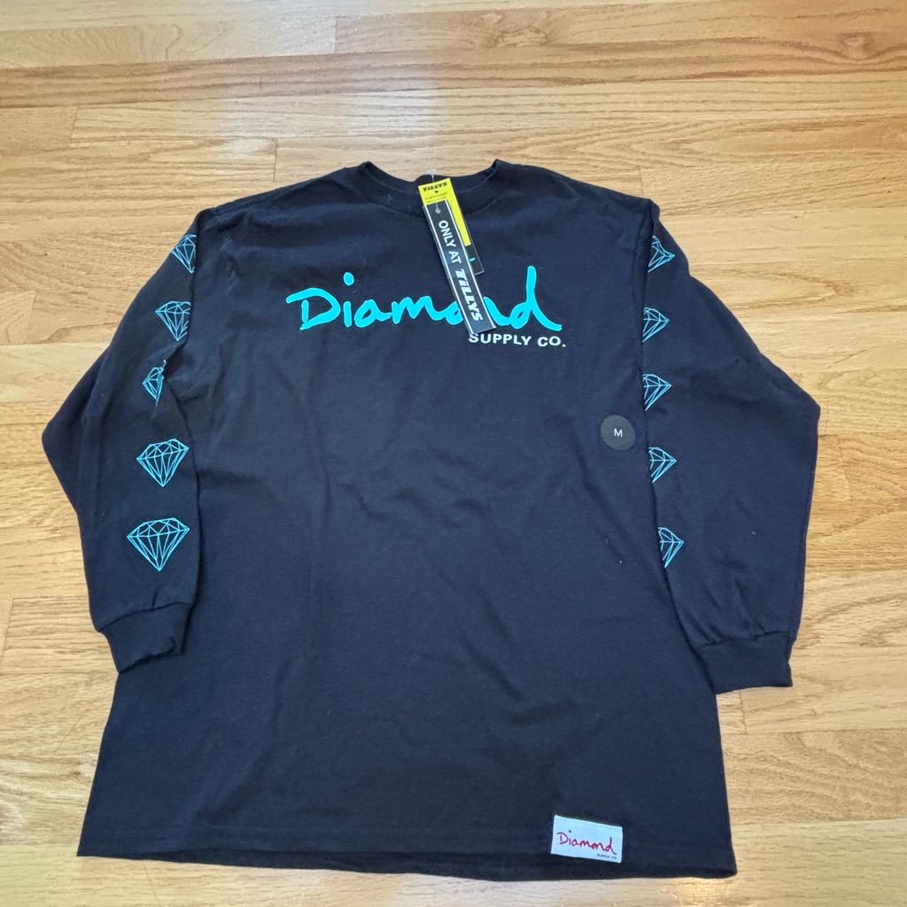 Nwt Diamond Supply Co. Og Script Black And Teal Long Sleeve Tee Boys Size M